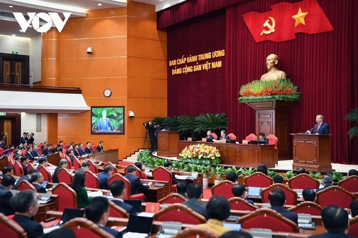 Senior Party officials attend the second plenum of the Party Central Committee in Hanoi in early April 2026