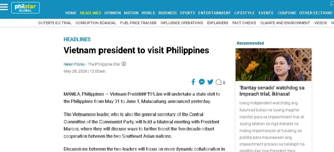 The Philippine Star says Vietnamese Party General Secretary and State President To Lam’s State visit is expected to inject fresh momentum into bilateral cooperation in various fields