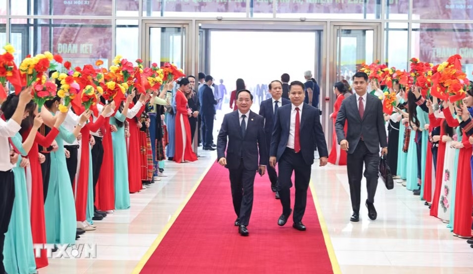 Trinh Van Quyet, Politburo member, Secretary of the Party Central Committee and head of the Party Central Committee’s Commission for Information, Education and Mass Mobilization, arrives at the opening ceremony of the 11th National Congress of the VFF (Photo: VNA)