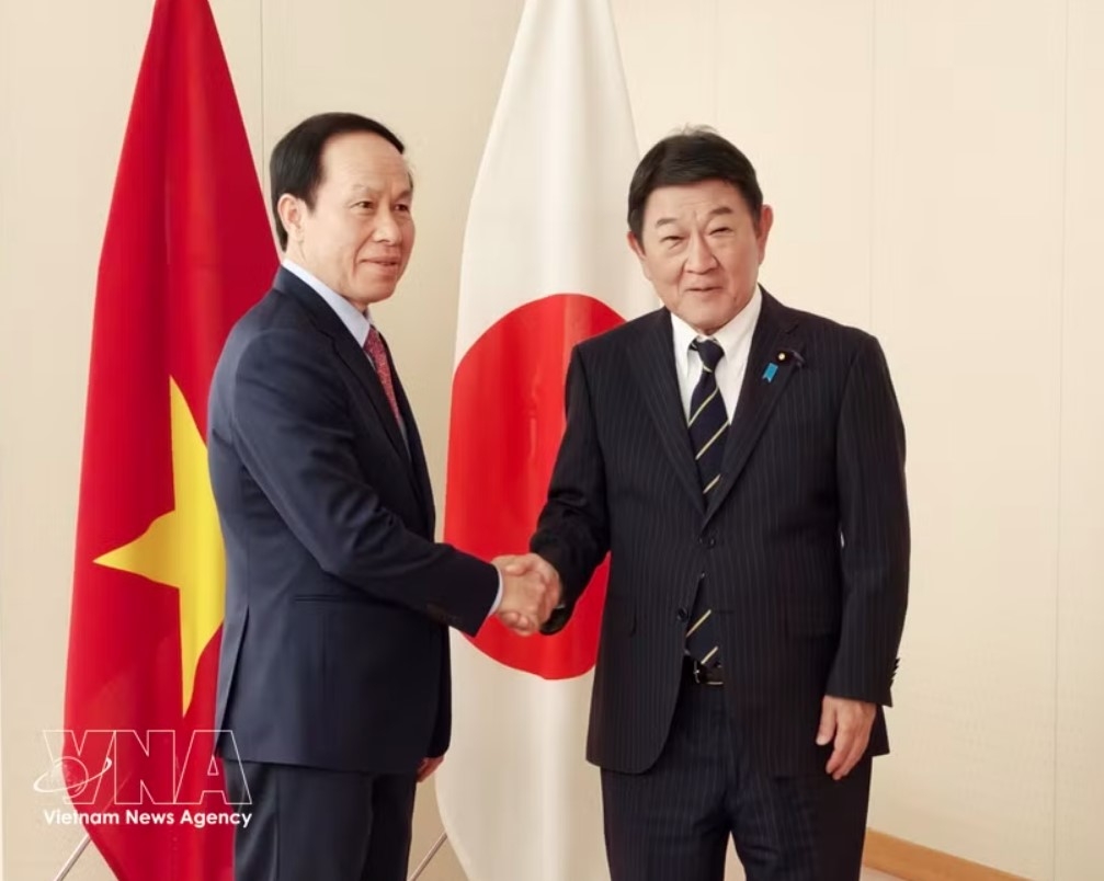 Deputy Prime Minister Le Tien Chau and Japanese Foreign Minister Motegi Toshimitsu pose for a commemorative photo. (Photo: VNA)