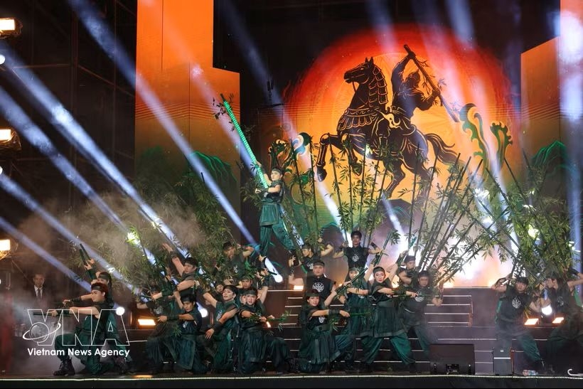A large-scale performance depicting Saint Giong, one of the Four Immortals in Vietnamese folk belief and a symbol of patriotism, resilience against foreign invaders and national unity