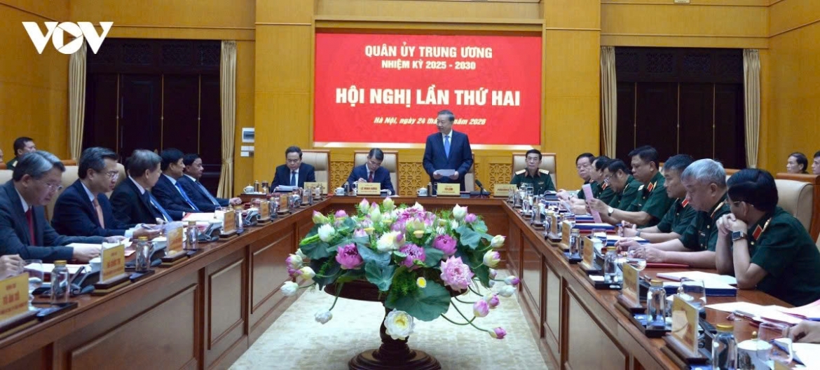 Delegates attend the second conference of the Central Military Commission for the 2025–2030 term in Hanoi on June 24
