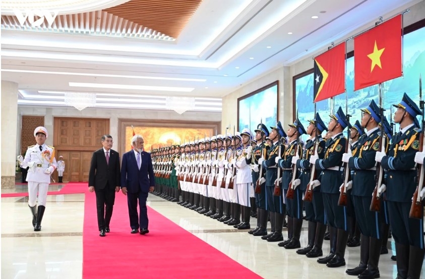 The two PMs review the guard of honour of the Vietnam People's Army.