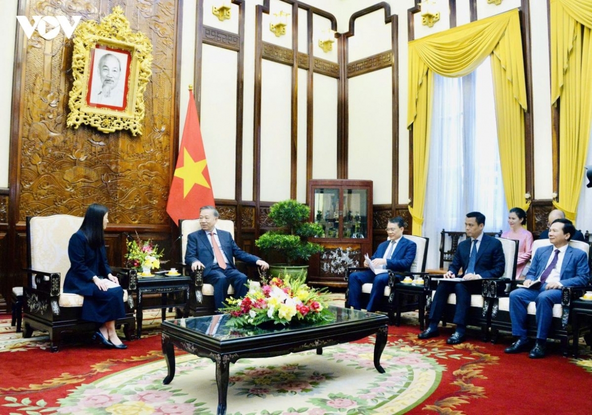 Vietnamese Party General Secretary and State President To Lam receives newly appointed US Ambassador Jennifer Wicks in Hanoi on July 6