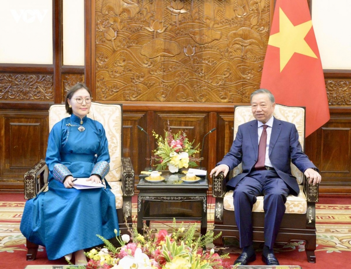 Party General Secretary and State President To Lam (R) receives newly appointed Mongolian Ambassador Ganbaatar Hulan in Hanoi on July 6, 2026.