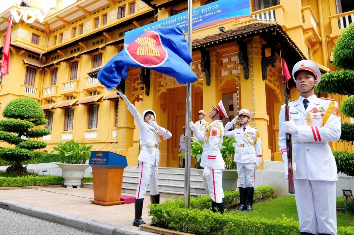 The ASEAN flag flutters at the ceremony, symbolizing regional solidarity, unity, and ASEAN's centrality amid global uncertainties.