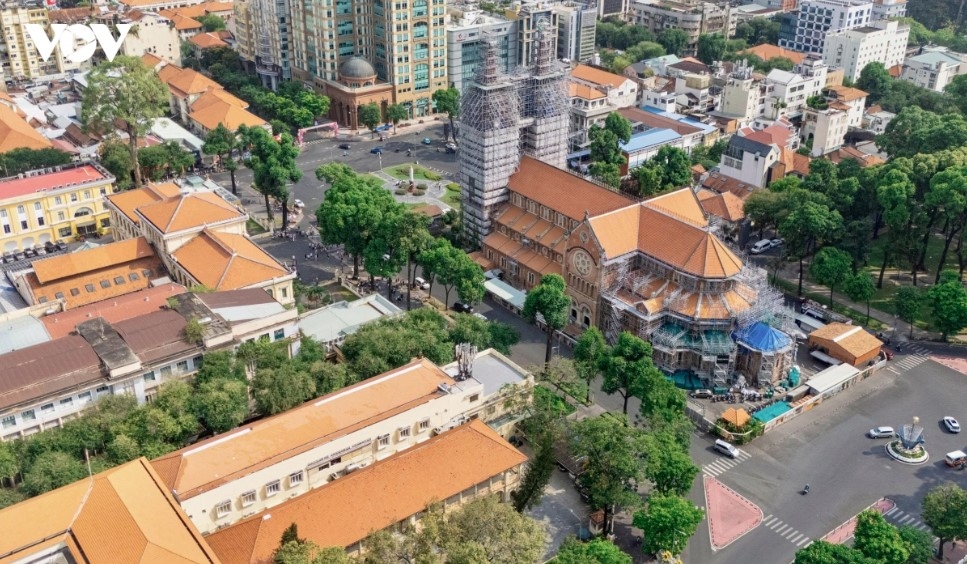 Opposite the Saigon Central Post Office stands Notre-Dame Cathedral Basilica of Saigon, an iconic architectural landmark of Catholicism in Vietnam that is currently undergoing restoration.