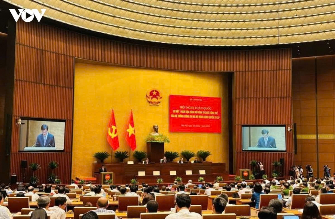 Delegates attend a Politburo conference reviewing one year of operation under the country’s three-tier government model, in Hanoi on July 1, 2026