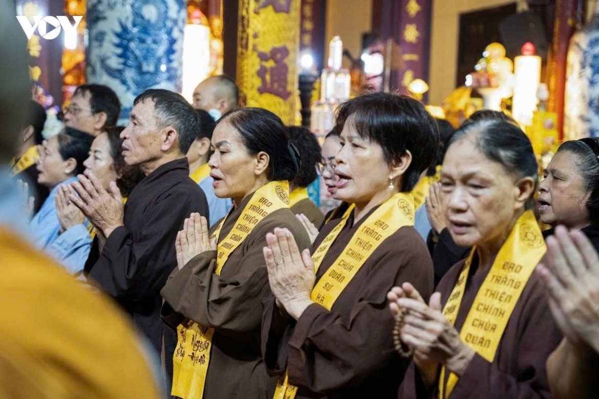 Buddhists come together to chant sutras and offer prayers.
