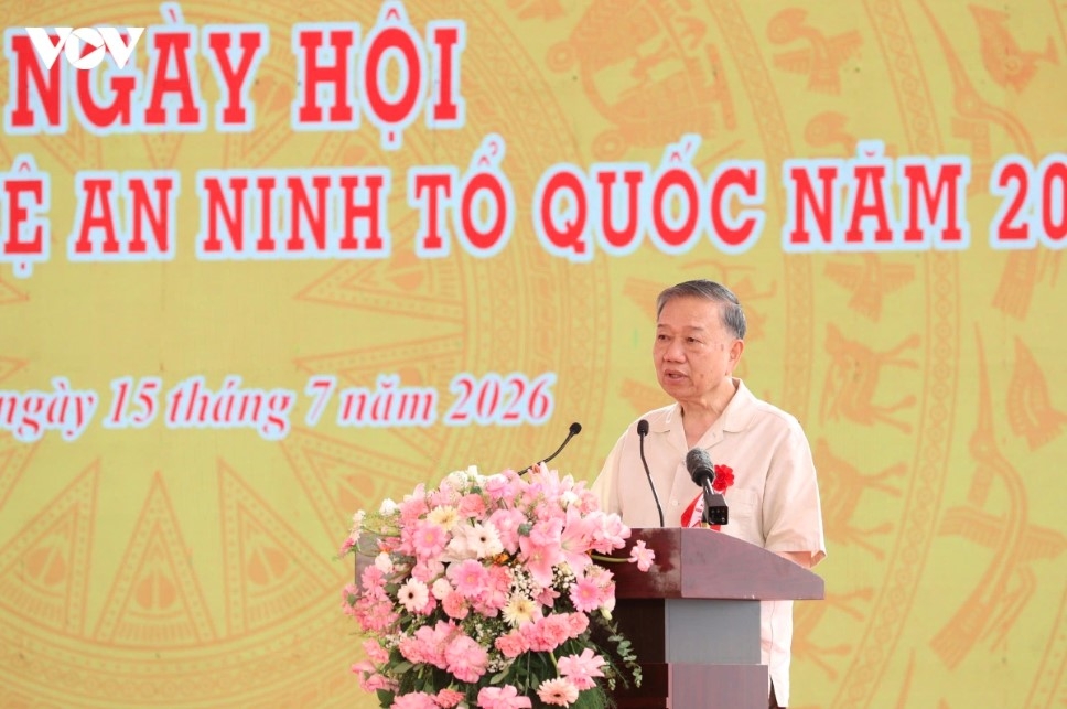 Party General Secretary and State President To Lam speaks at the 2026 All People's Day for National Security Protection ceremony.