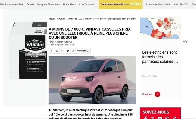 An article published on July 9, 2026 by Auto Plus, one of France's leading automotive magazines, gives a positive assessment of VinFast's VF 2 mini electric car. (Photo published by VNA)
