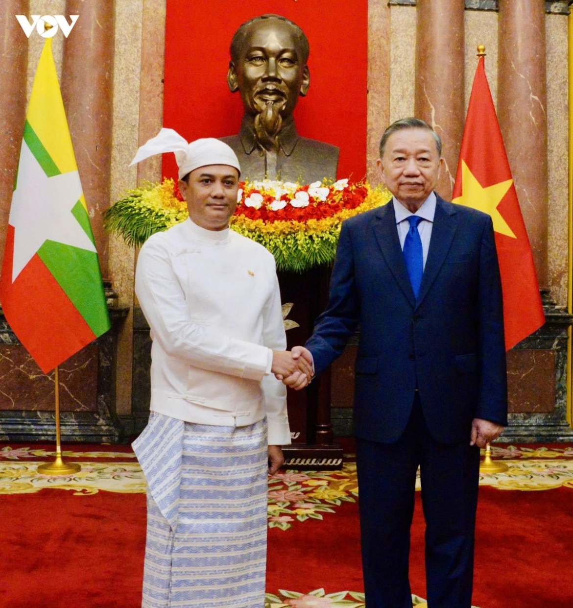Vietnamese Party General Secretary and State President To Lam (R) and newly appointed Myanmar Ambassador Wai Linn during their meeting in Hanoi on July 6, 2026
