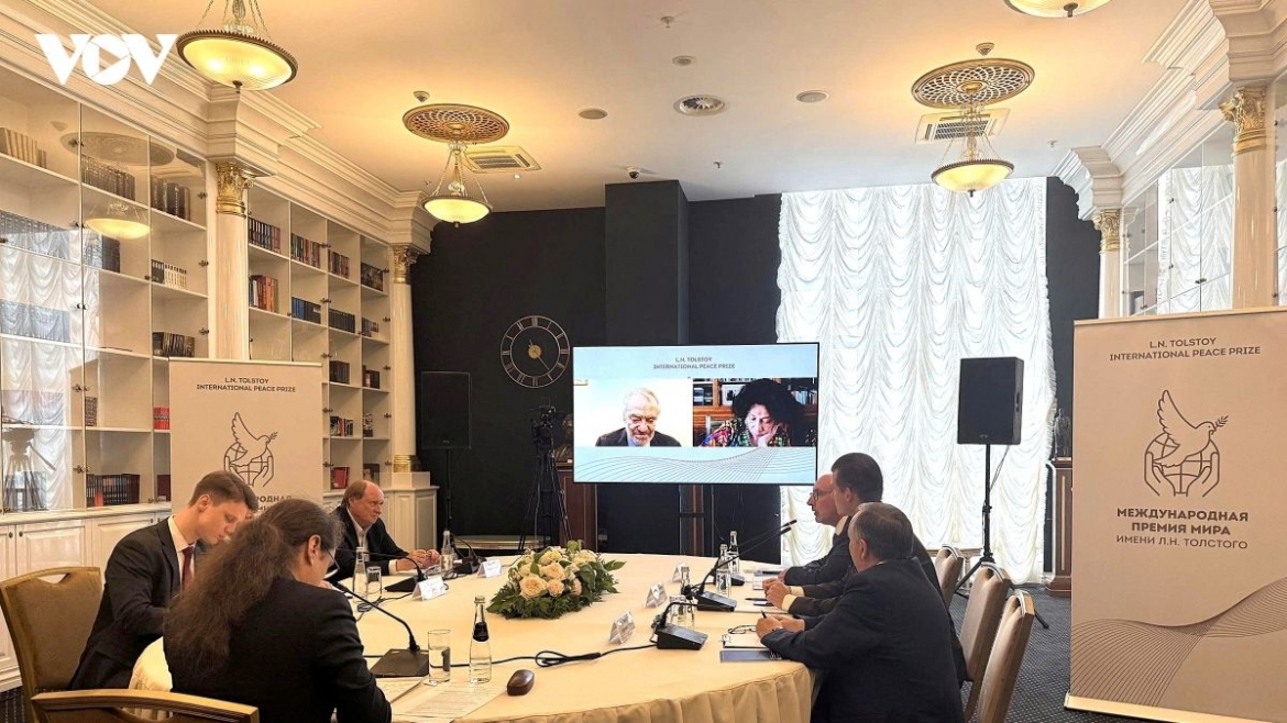 Members of the jury of the Lev Tolstoy International Peace Prize work on the result of the prize