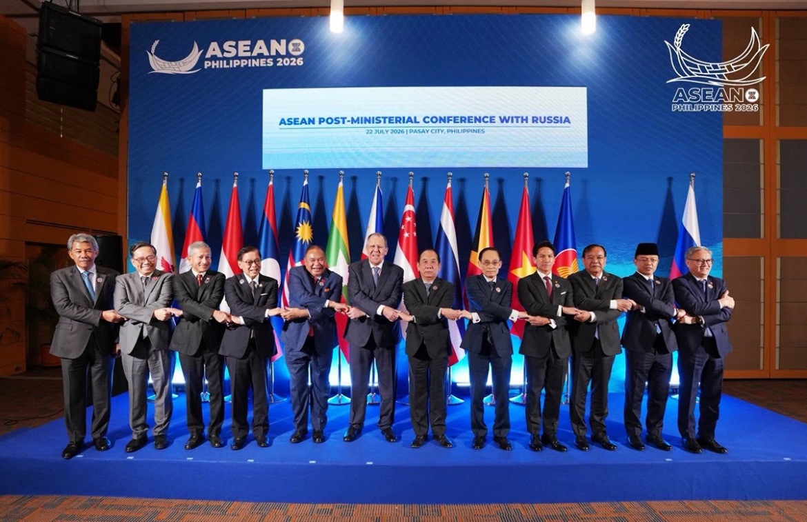 Diplomats pose for a group photo at ASEAN Post-Ministerial Conference with Russia in Manila on July 22, the Philippines