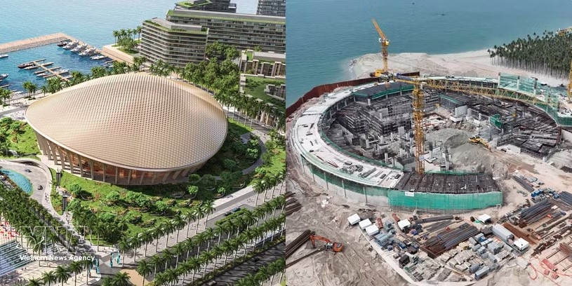 The APEC Convention Centre and multi-purpose theatre are progressing at a rapid pace of construction (Photo: VNA)