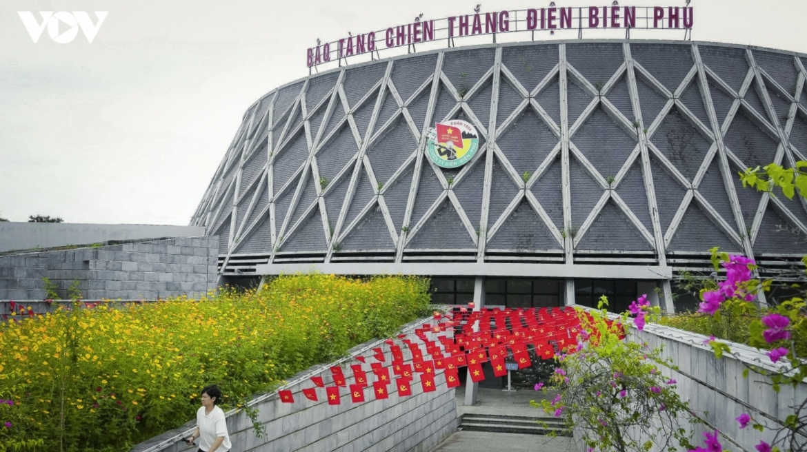 Dien Bien Phu Victory Museum is adorned with red flags ahead of National Day