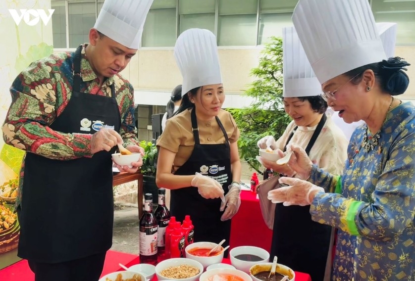 Guests make their own dipping sauces at the event.