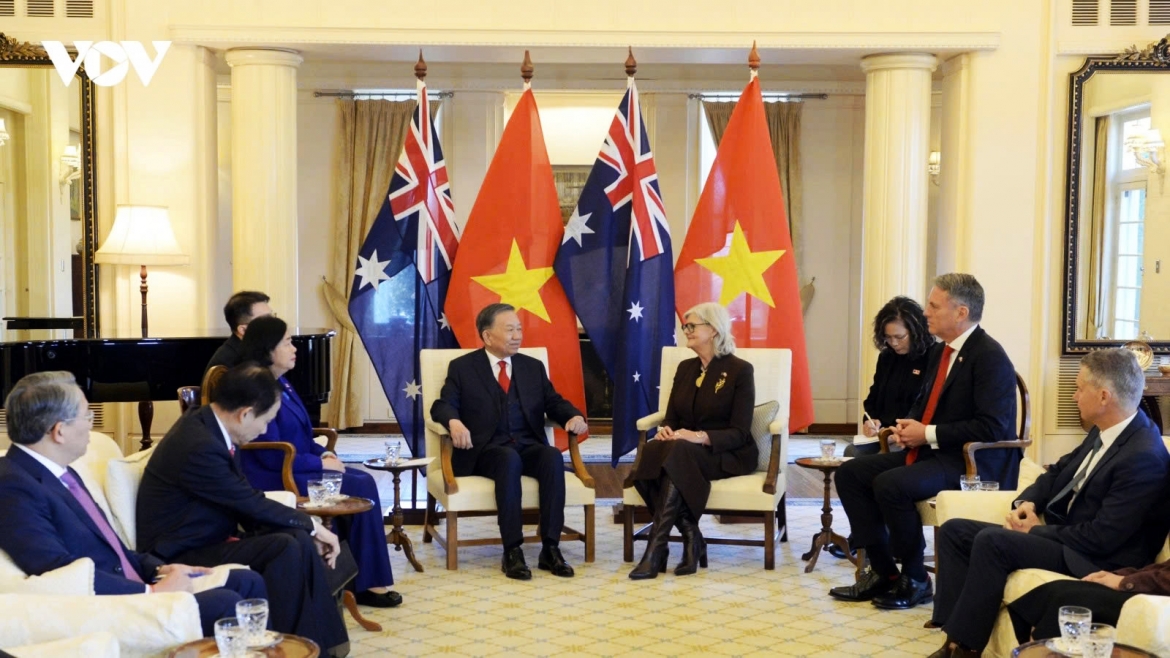 Australian Governor-General Sam Mostyn (R) and Vietnamese General Secretary and President To Lam during their meeting in Canberra on August 11, 2026