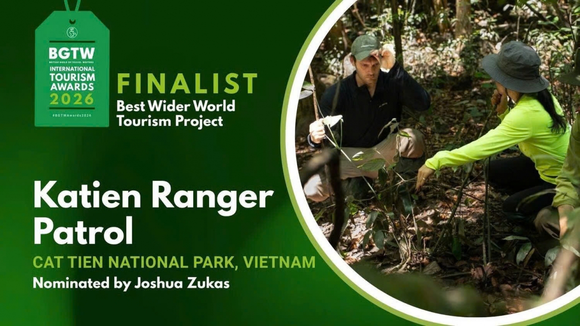 A forest patrol experience in Cat Tien National Park is the only Vietnamese project shortlisted for the 2026 British Guild of Travel Writers (BGTW) International Tourism Awards. (Photo: katiensafari.com)