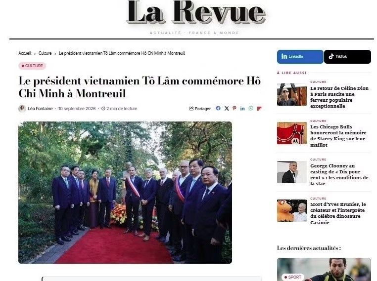 A La Revue story on General Secretary of the Communist Party of Vietnam Central Committee and President To Lam’s visit to Montreau Park in Montreuil city to lay flowers in tribute to President Ho Chi Minh (Photo published by VNA)