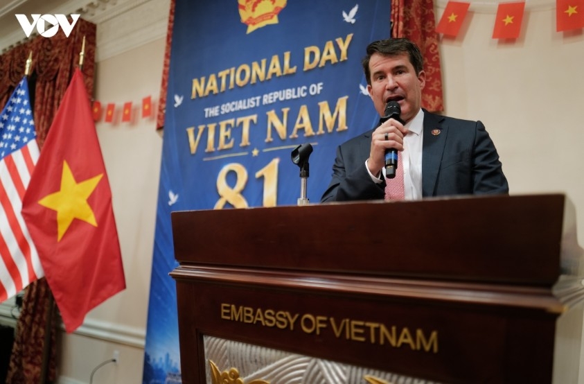 Representative Seth Moulton speaks at the ceremony.