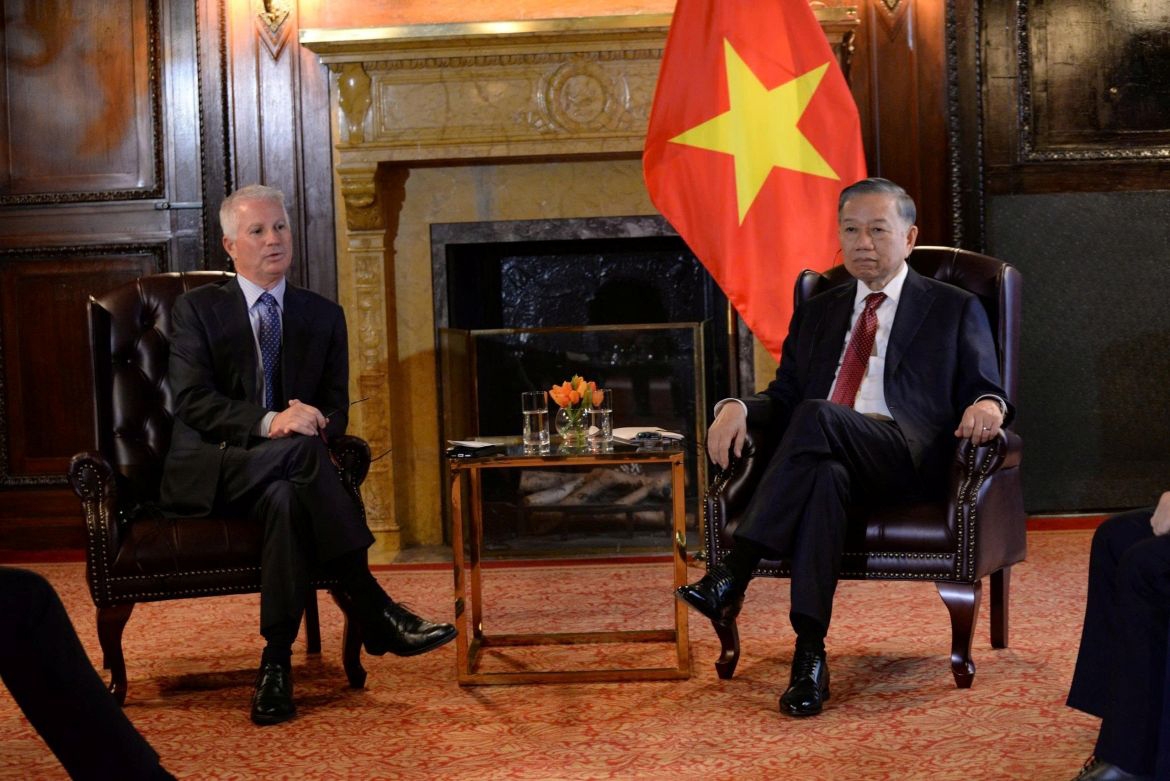 General Secretary of the Communist Party of Vietnam Central Committee and President To Lam (R) and Warburg Pincus Chairman Chip Kaye during their meeting in New York on September 21