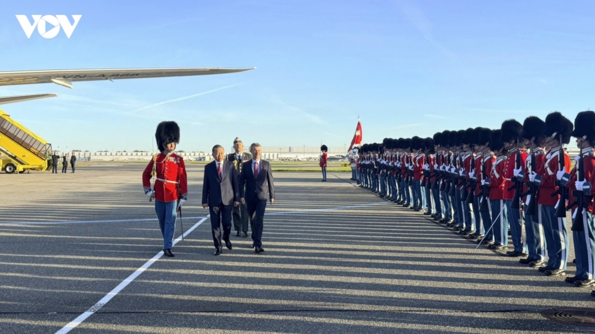 Party General Secretary and President To Lam and the King of Denmark inspect the Royal Guard honor guard.