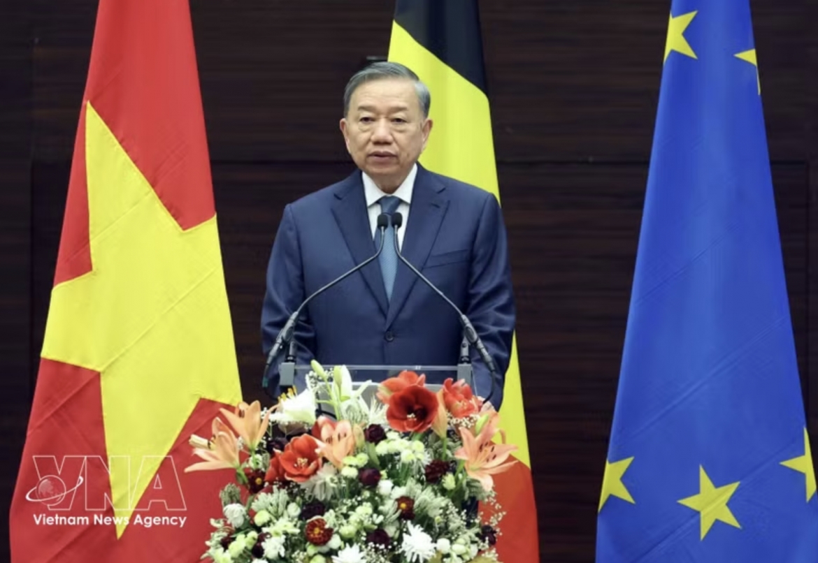 General Secretary of the Communist Party of Vietnam Central Committee and President To Lam gives a policy speech at Egmont – The Royal Institute for International Relations in Brussels on October 23, 2026. (Photo: VNA)