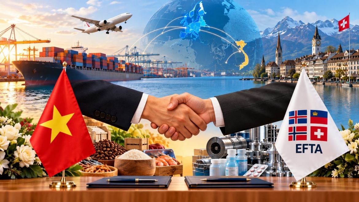 Vietnam and EFTA (Switzerland, Norway, Iceland and Liechtenstein) are to sign a free trade agreement after 14 years of negotiations, opening new prospects for trade, investment and market diversification. (AI created image)